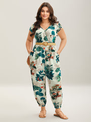 Tropical Print Surplice Neck Back Tie Jumpsuit