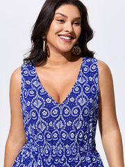 Geometric Print V-Neck Midi Dress