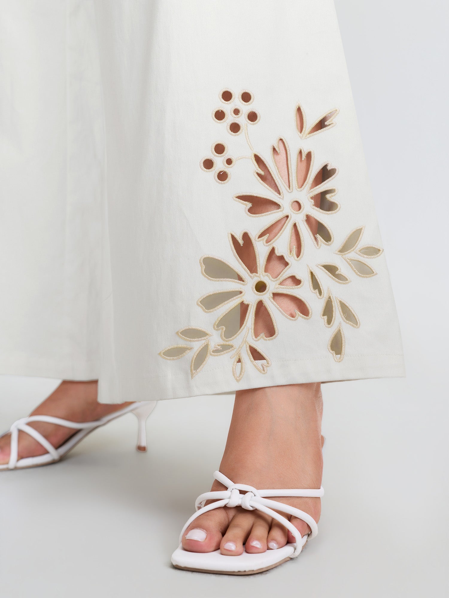 Cotton Floral Cutwork Embroidered Hem Pants