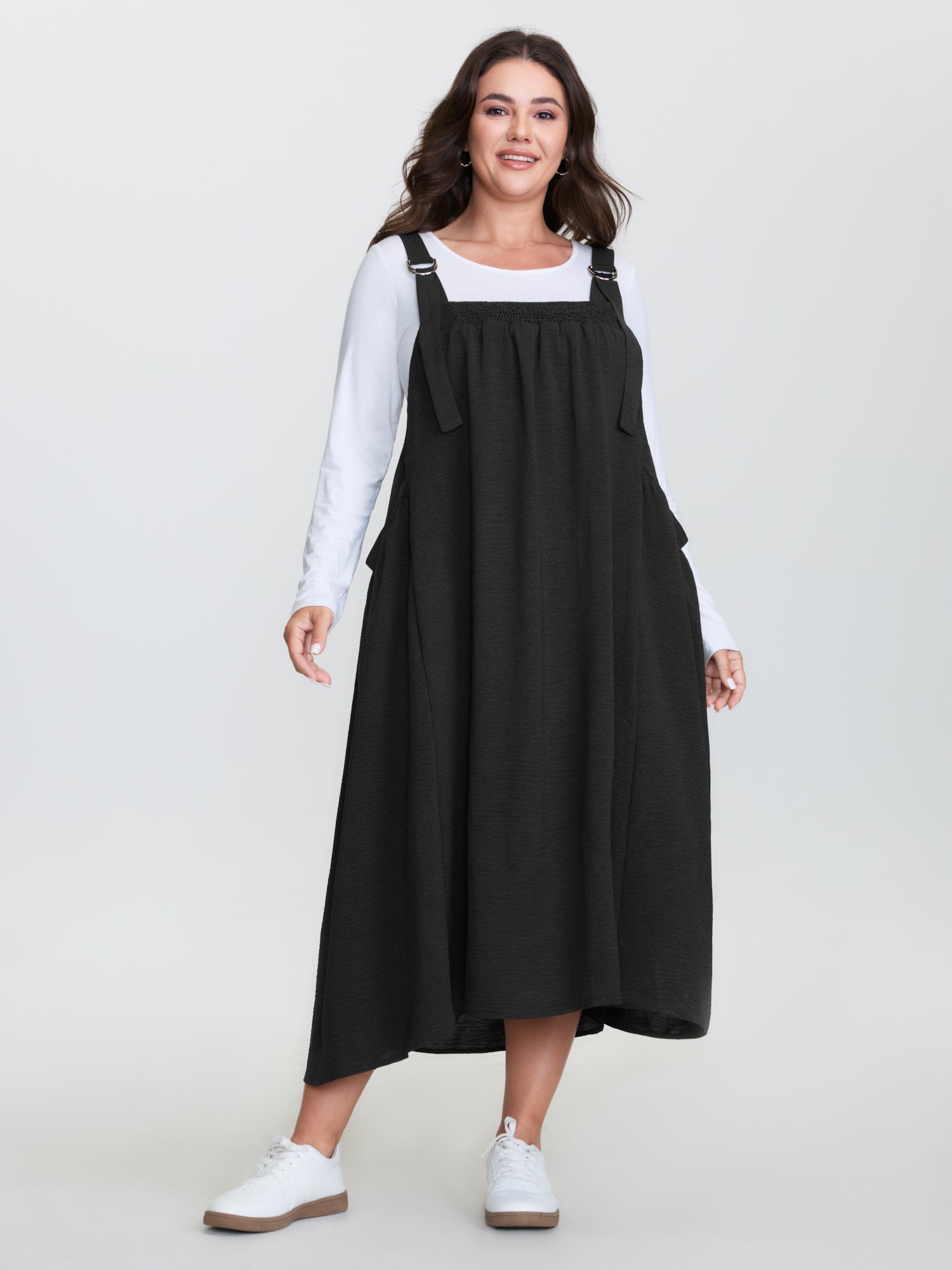 Adjustable Overall Straps Shirred Midi Dress