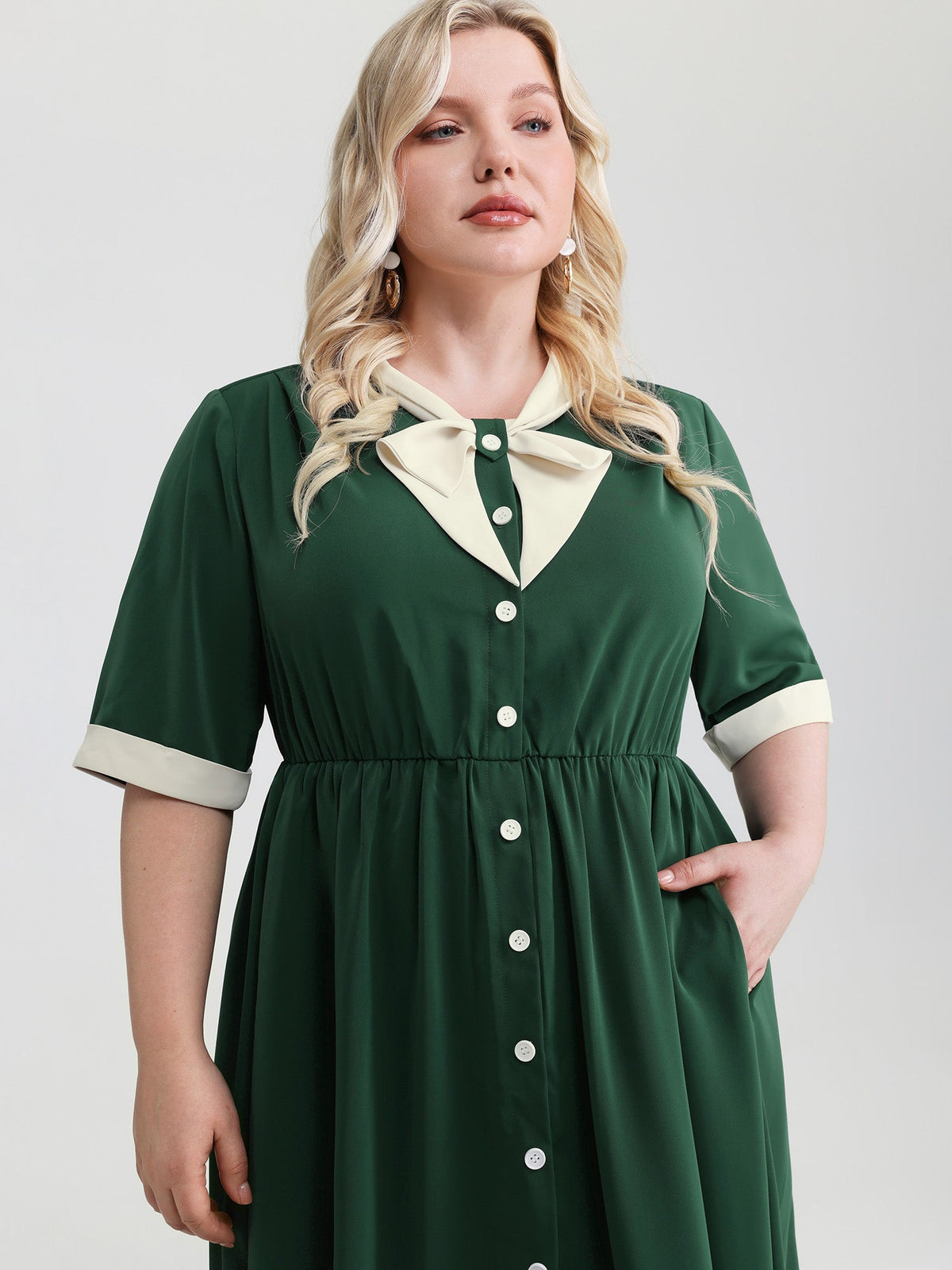 Retro Color Contrast Floating Collar Midi Dress