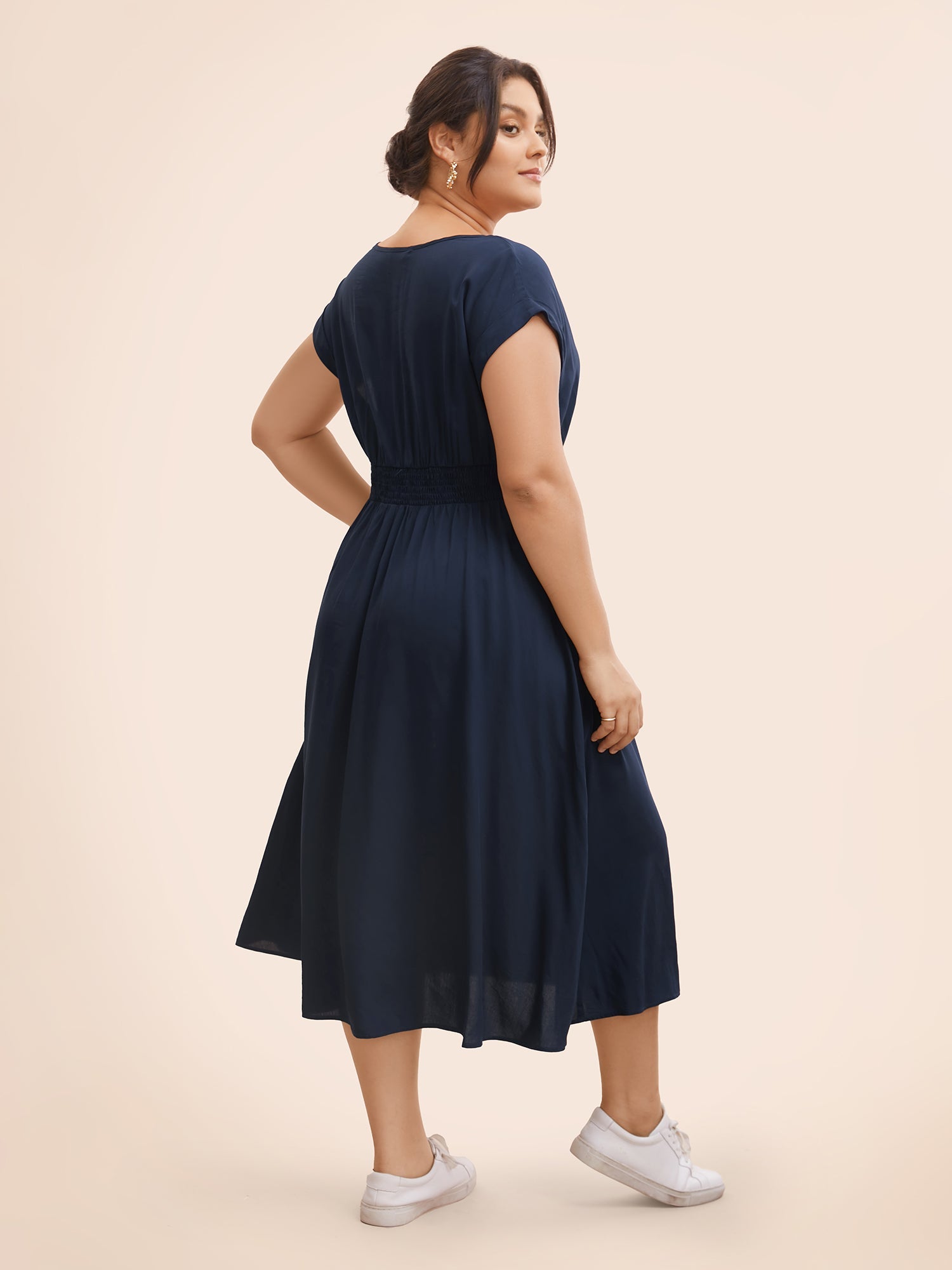 Plain Shirred Cap Sleeve Midi Dress