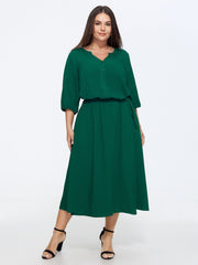 Solid Notch V Neck Drawstring Waist Midi Dress