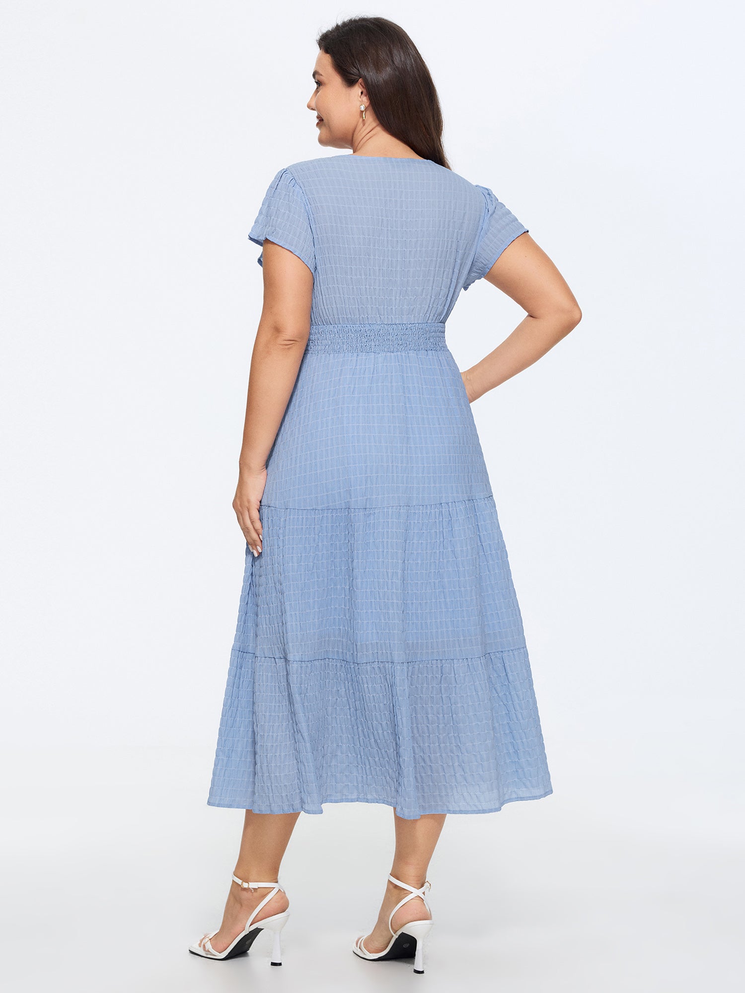 Shirred Cinched Waist Tiered Midi Dress