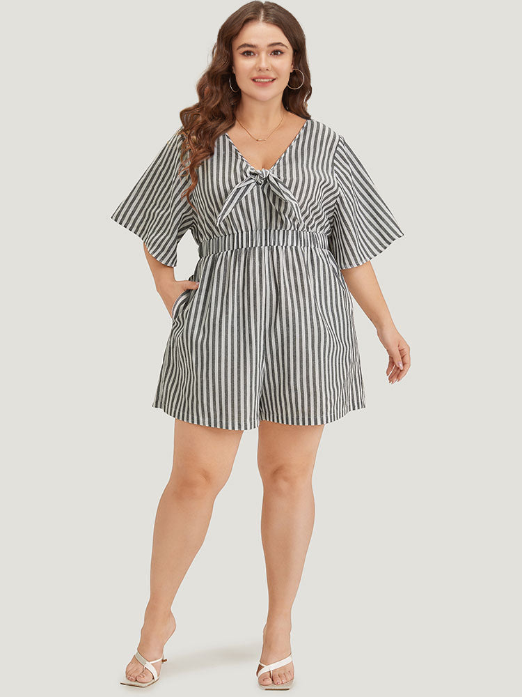 Striped Print Pocket Knot Flutter Sleeve Jumpsuit