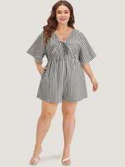 Striped Print Pocket Knot Flutter Sleeve Jumpsuit