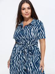 Zebra Print Waist-Tie Midi Shirt Dress