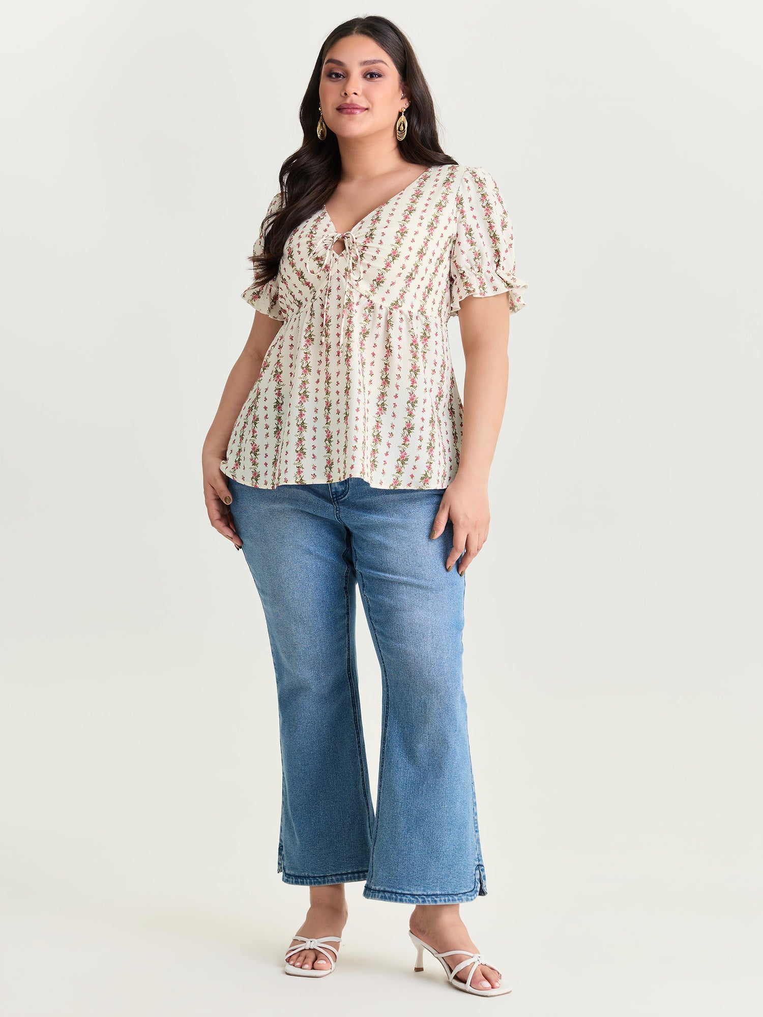 Floral Striped Adjustable Drawstring Blouse