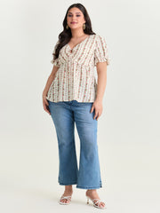 Floral Striped Adjustable Drawstring Blouse