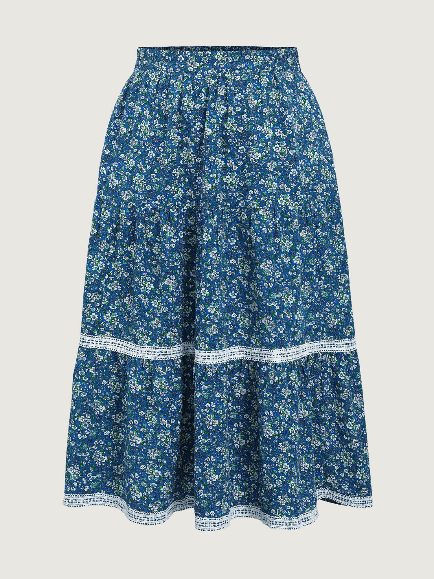 Floral Print Lace Trim Flowy Maxi Skirt