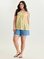 Supersoft Lemon Print Ruffled Sleeve Tank Top