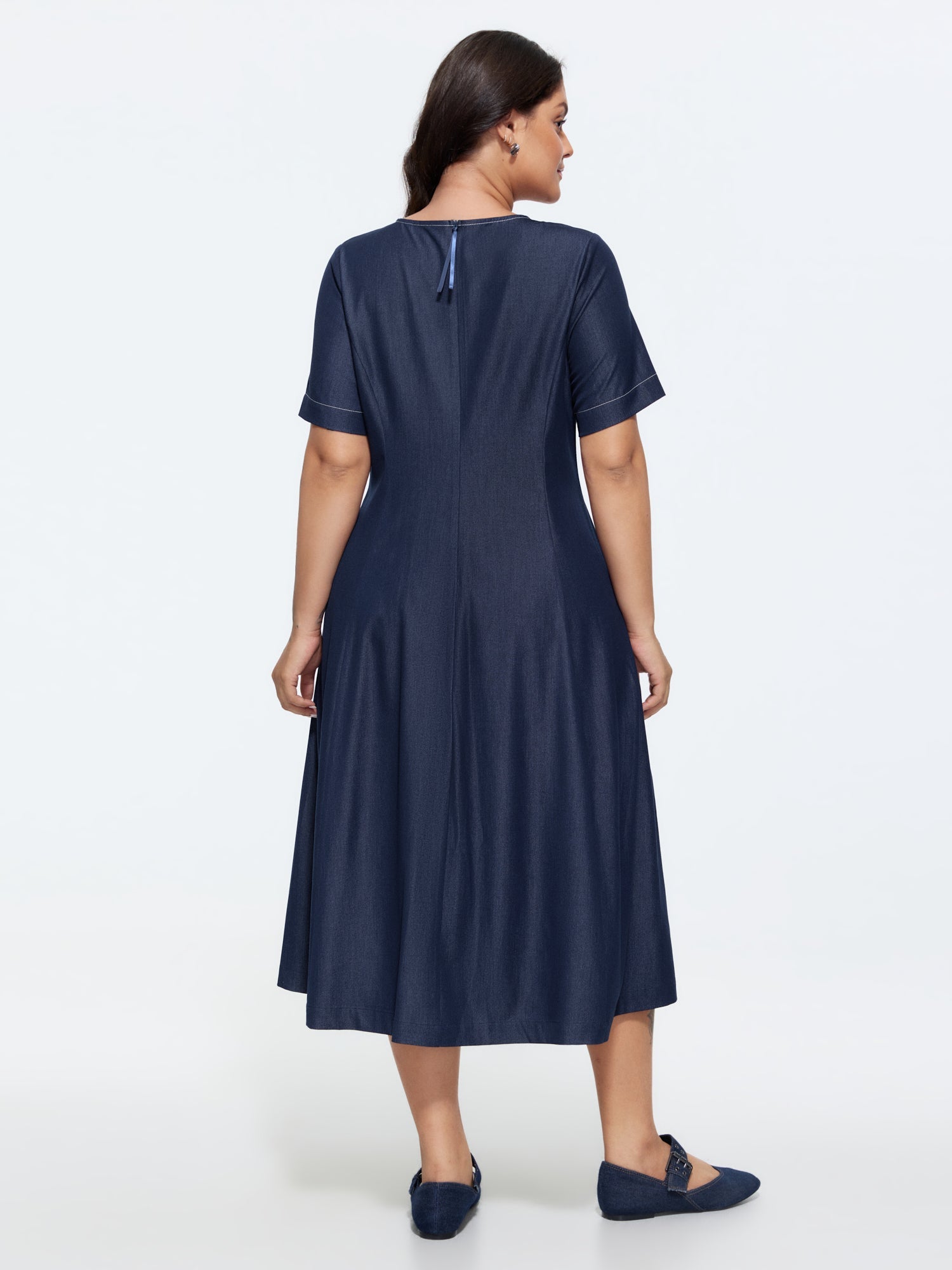 Supersoft Cinched-Waist Pockets Seamed Faux Denim Midi Dress