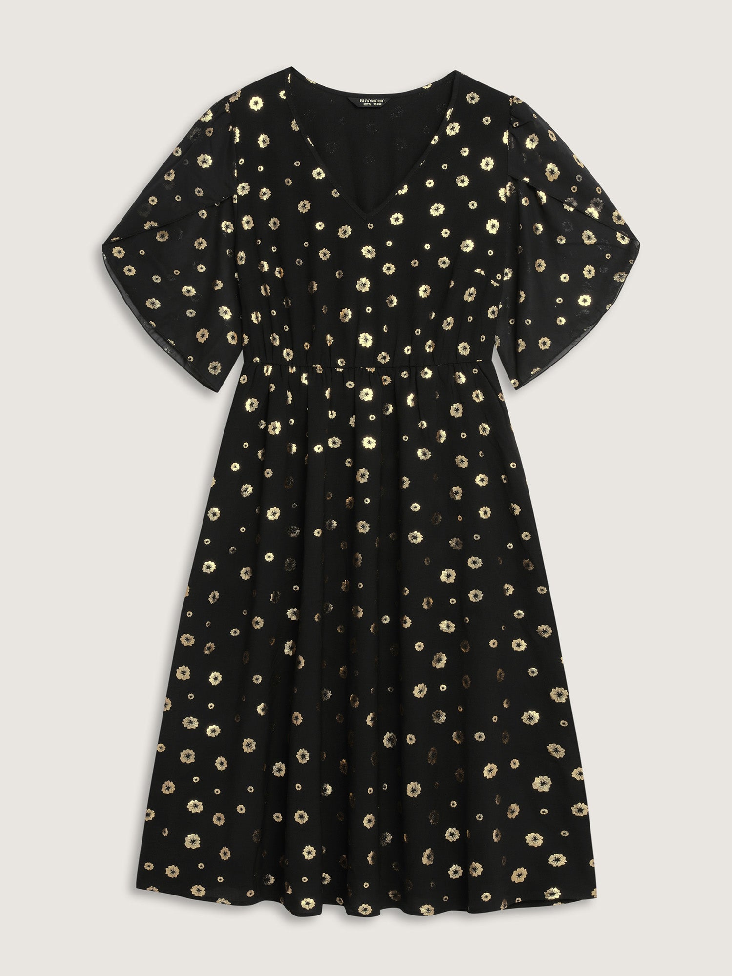 Gold Stamped Bud Sleeve Midi Dress