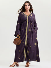 Star Moon Print Color Contrast Maxi Dress