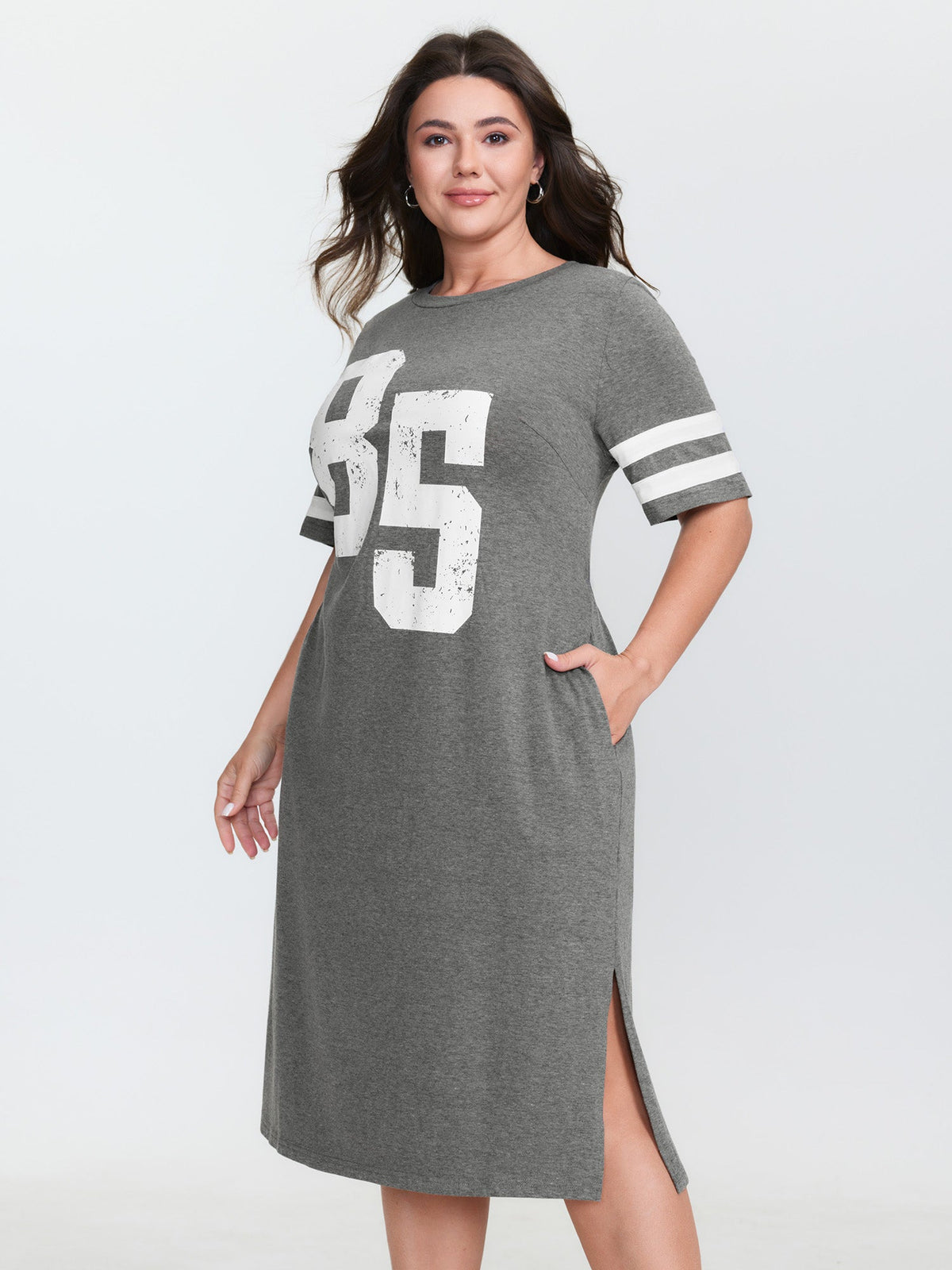 Supersoft Sporty Print Striped Sleeve Midi Dress