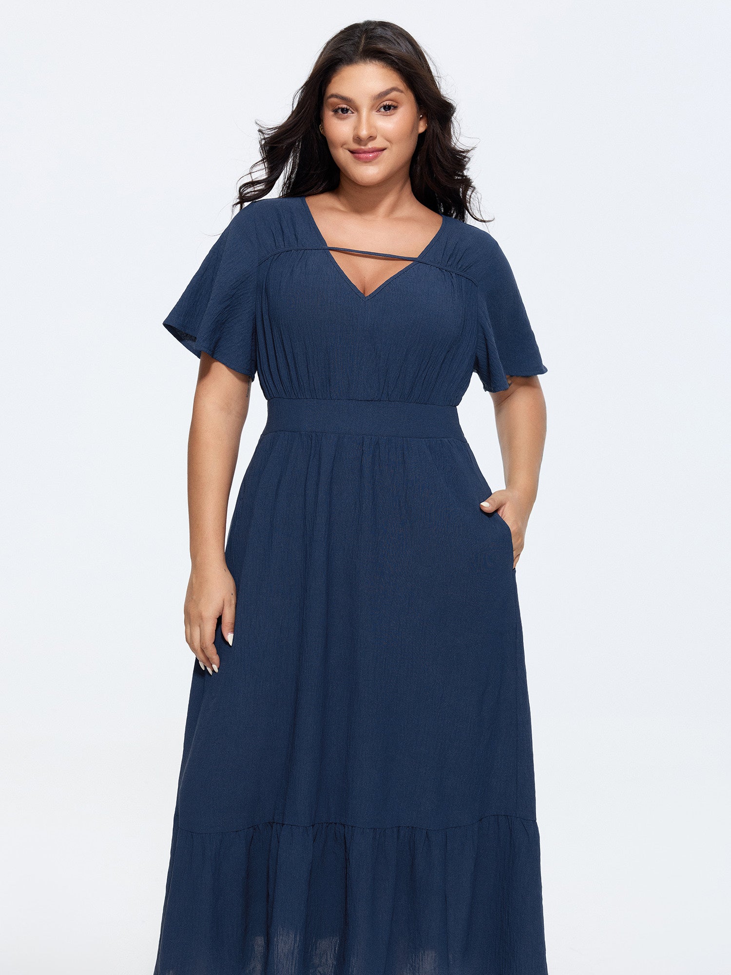 Shirred Waist V-Neck Plain Maxi Dress