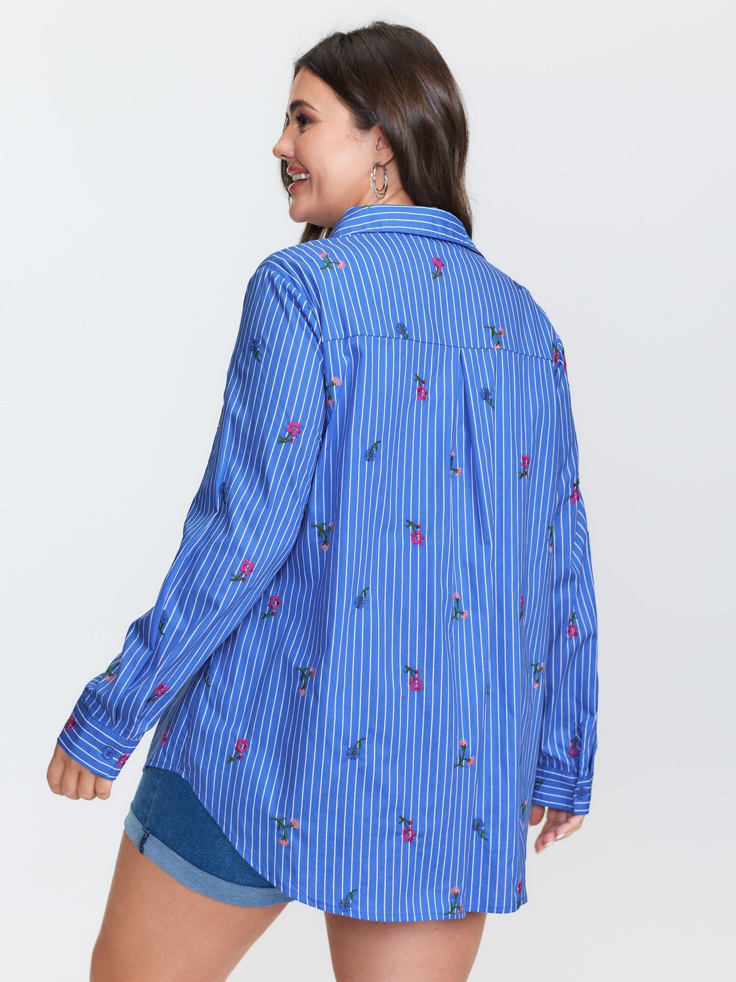 Cotton Floral Embroidered Striped Button-Down Shirt