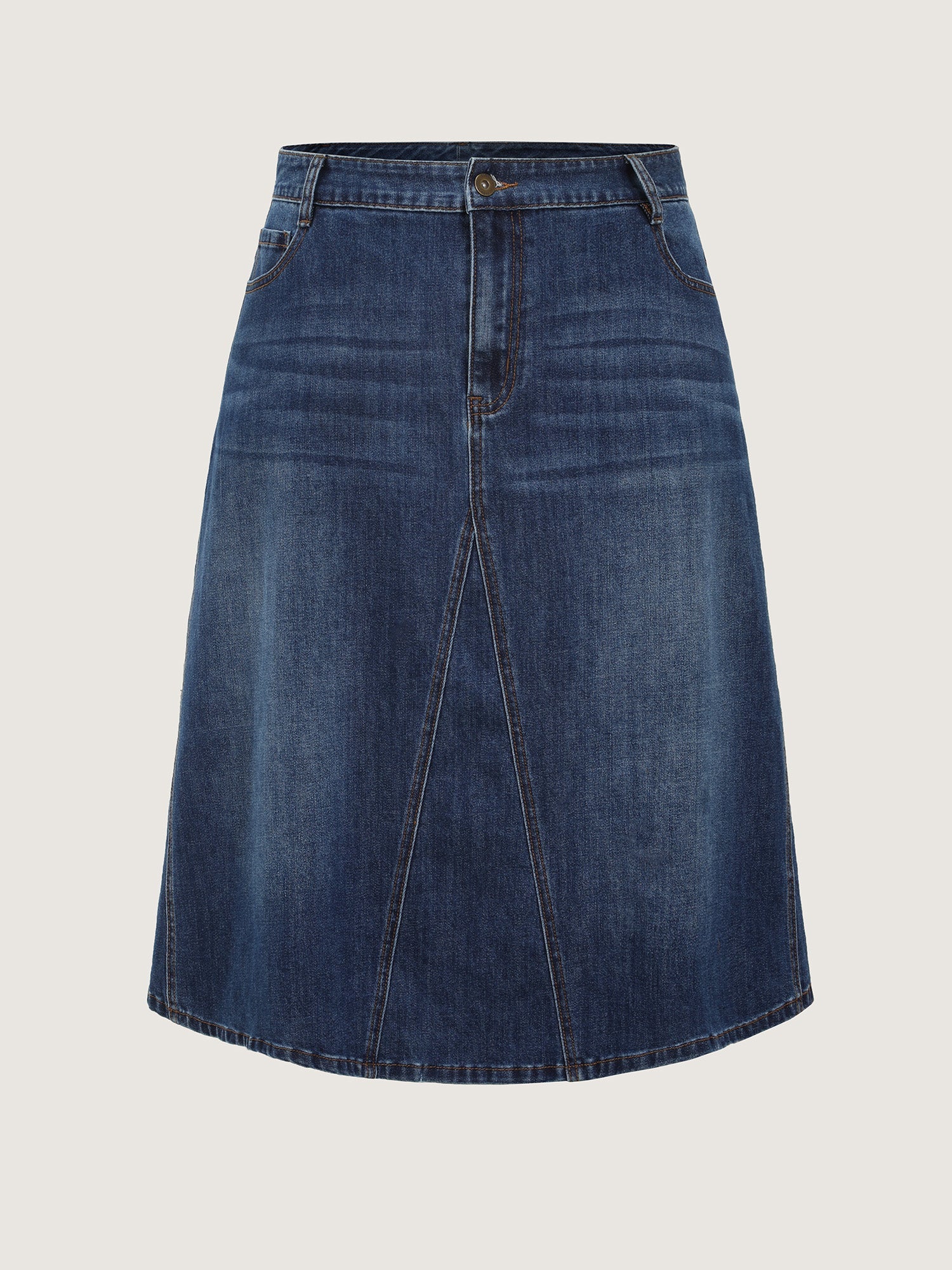 Stretchy Seamed Mid-Rise Denim Skirt