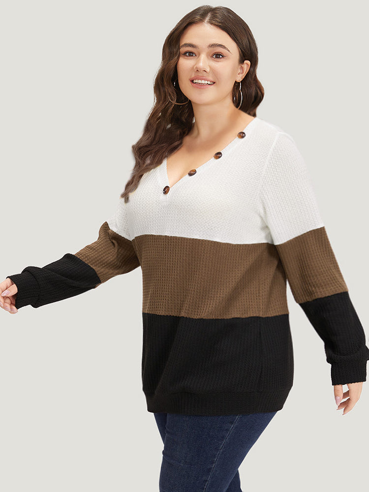 Waffle Knit Patchwork Button Detail Contrast Sweatshirt