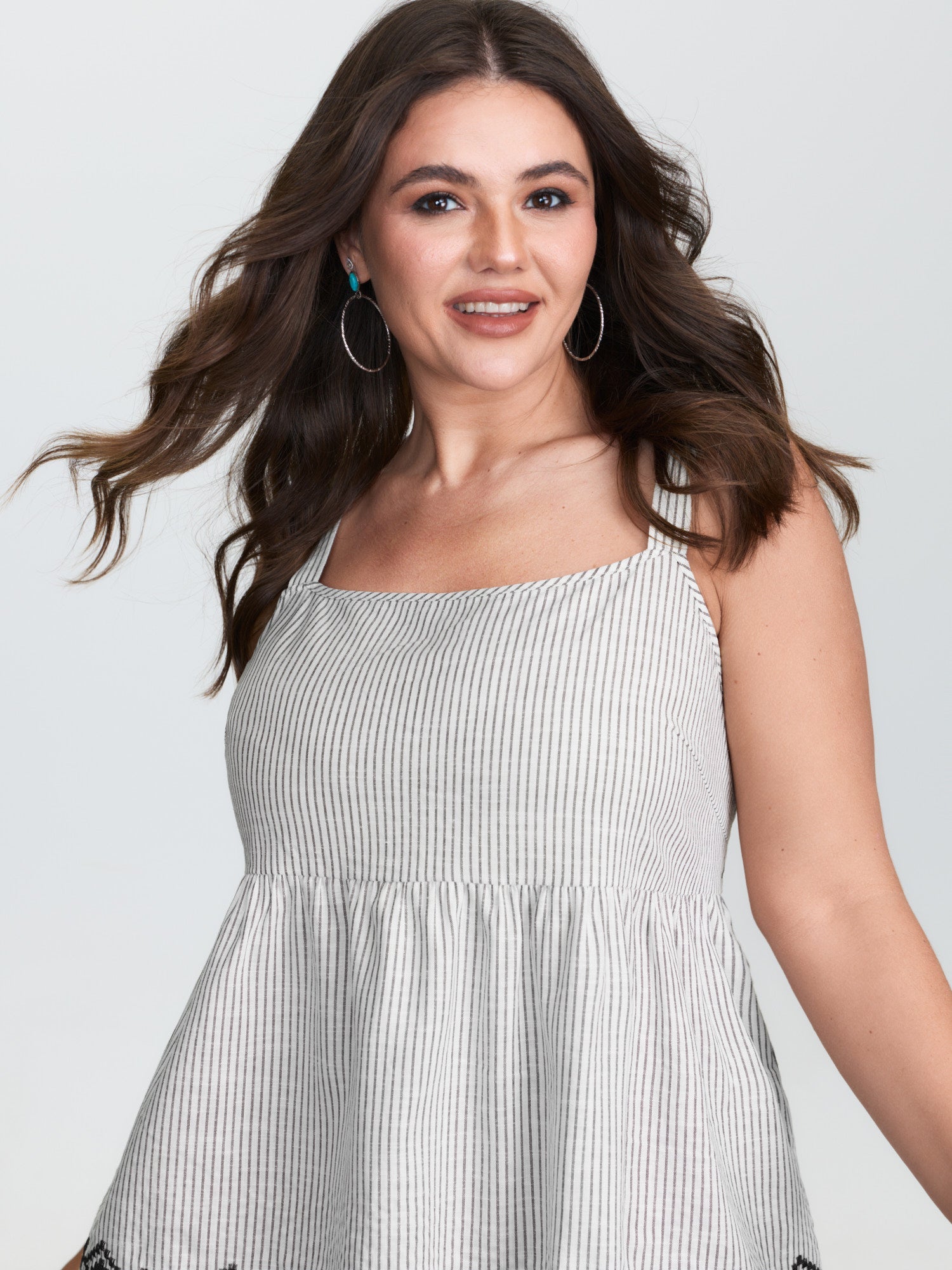 Cotton Linen Striped Embroidered Fringe Hem Tank Top
