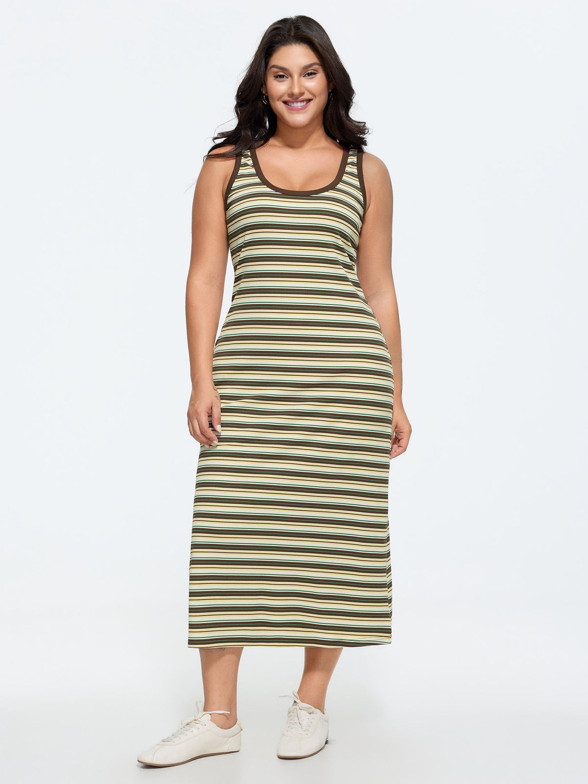 Striped Print Ribbed Scoop Neck Midi Dress