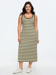 Striped Print Ribbed Scoop Neck Midi Dress