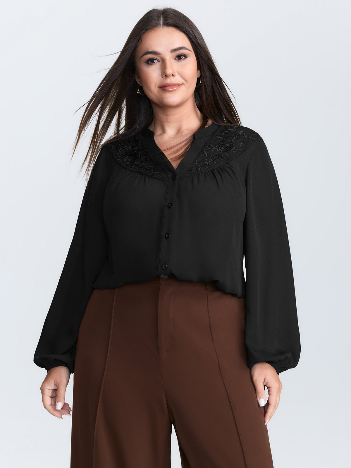 Embroidered Neckline Button-Down Blouse