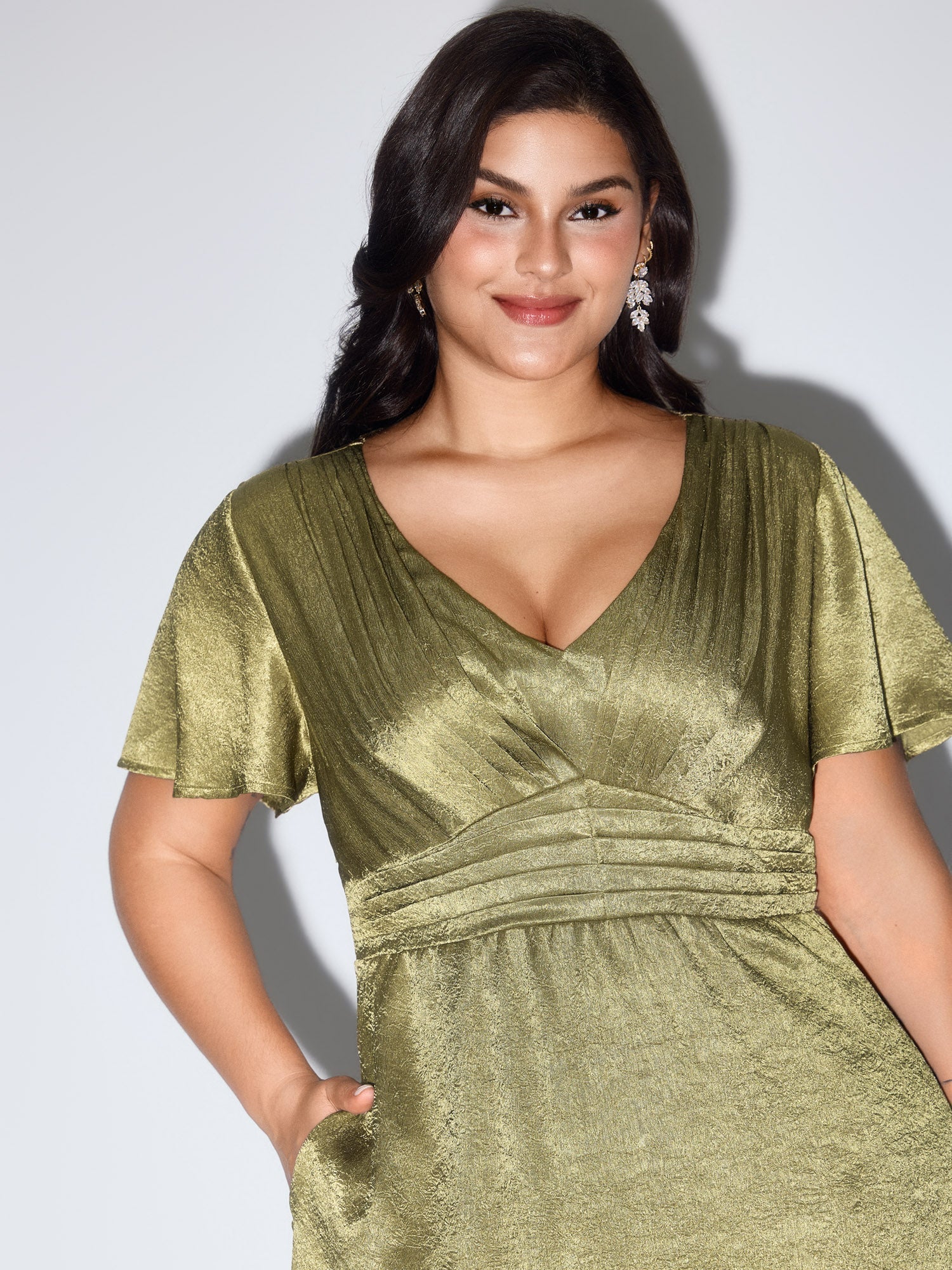 Shimmery Flared Sleeve V-Neck Midi Party Dress