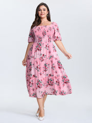 Rose Print Stretchy Waist Shirred Midi Dress