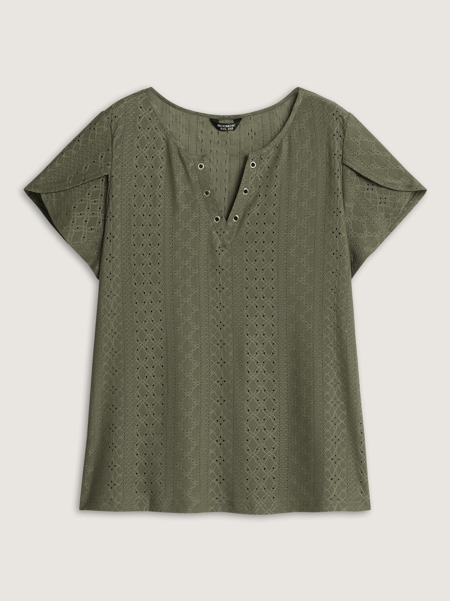 Eyelet Trim Split Neckline Knit Top