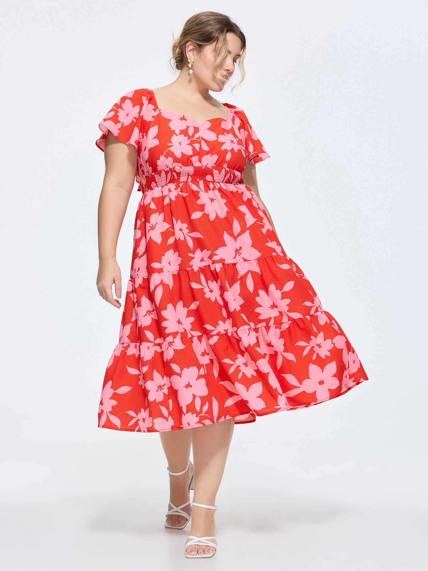 Floral Print Shirred Flared Sleeve Midi Dress