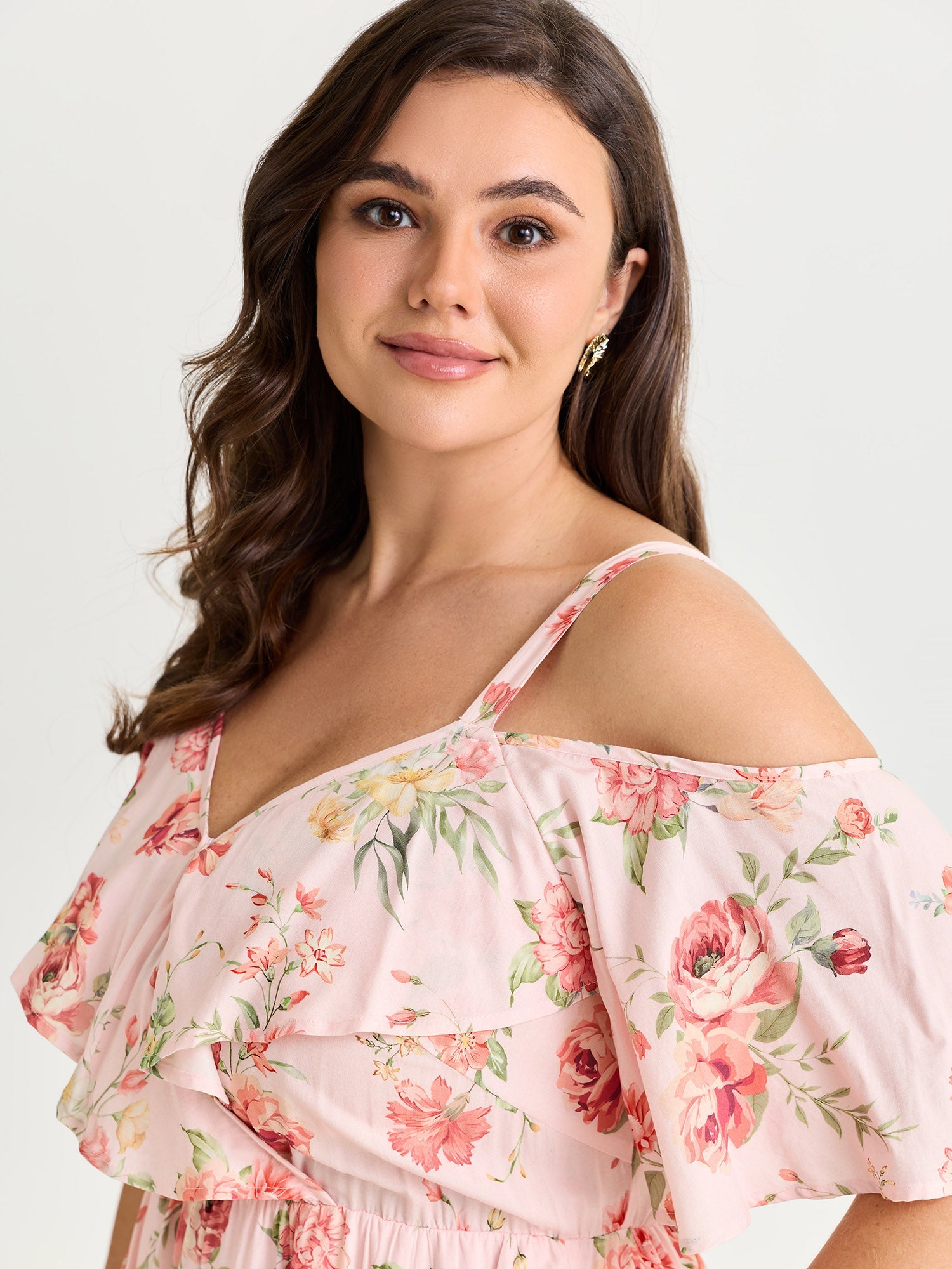 Floral Print Ruffled Cold-Shoulder Midi Dress