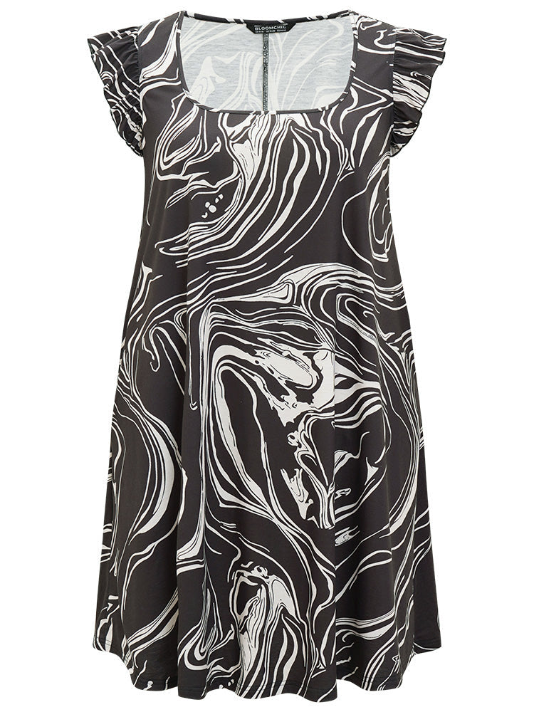 Marble Pocket Ruffle Cap Sleeve Square Neck Dress