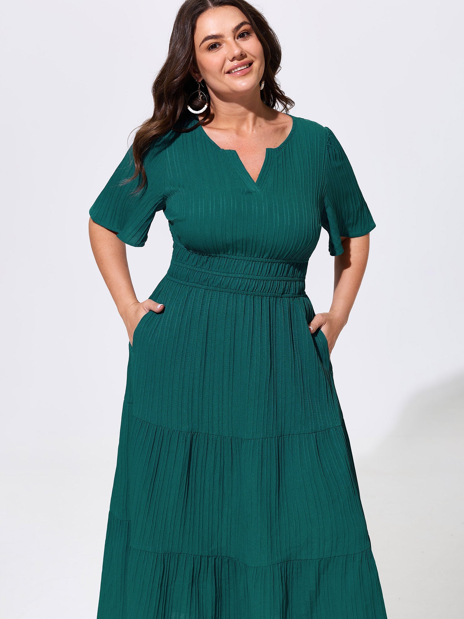 Shirred Waist Split Neckline Tiered Maxi Dress