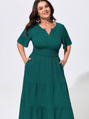 Shirred Waist Split Neckline Tiered Maxi Dress