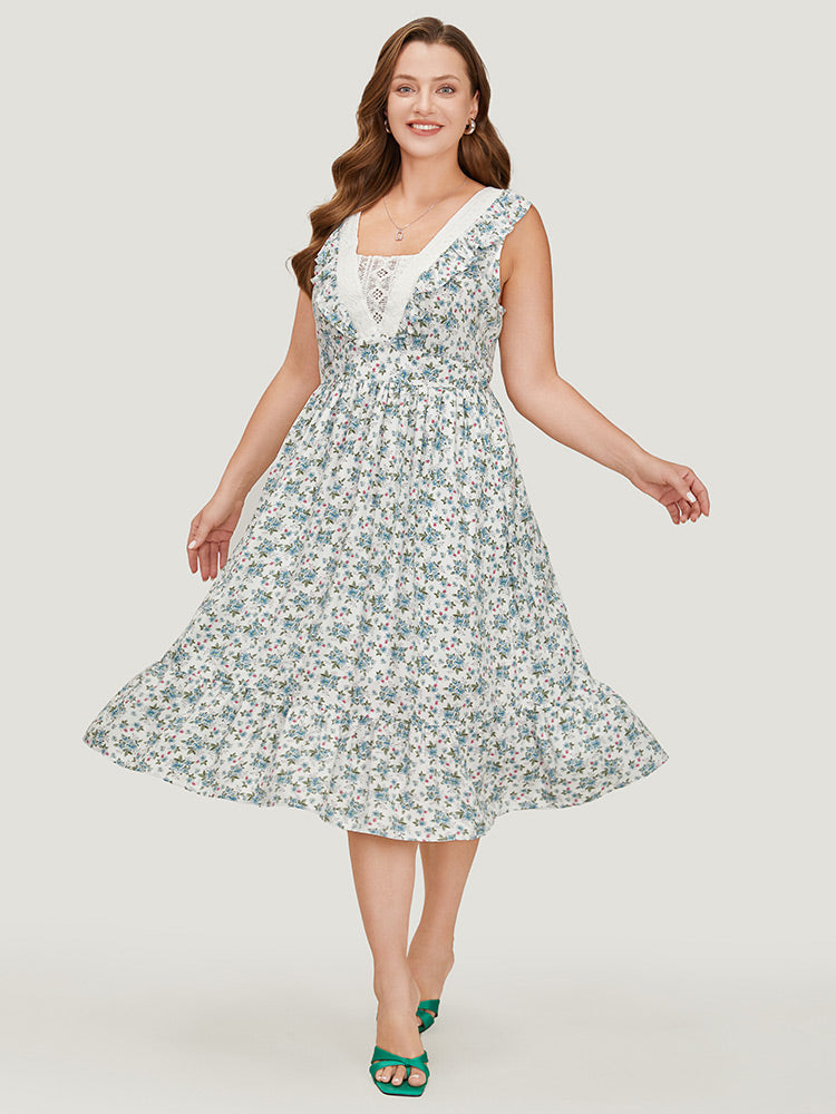 Ditsy Floral Ruffles Pocket Empire Waist Crochet Lace Tank Dress