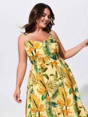 Tropical Breathable Shirred Detail Maxi Dress