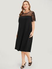 Plain Pocket Lace Mesh Patchwork Dress