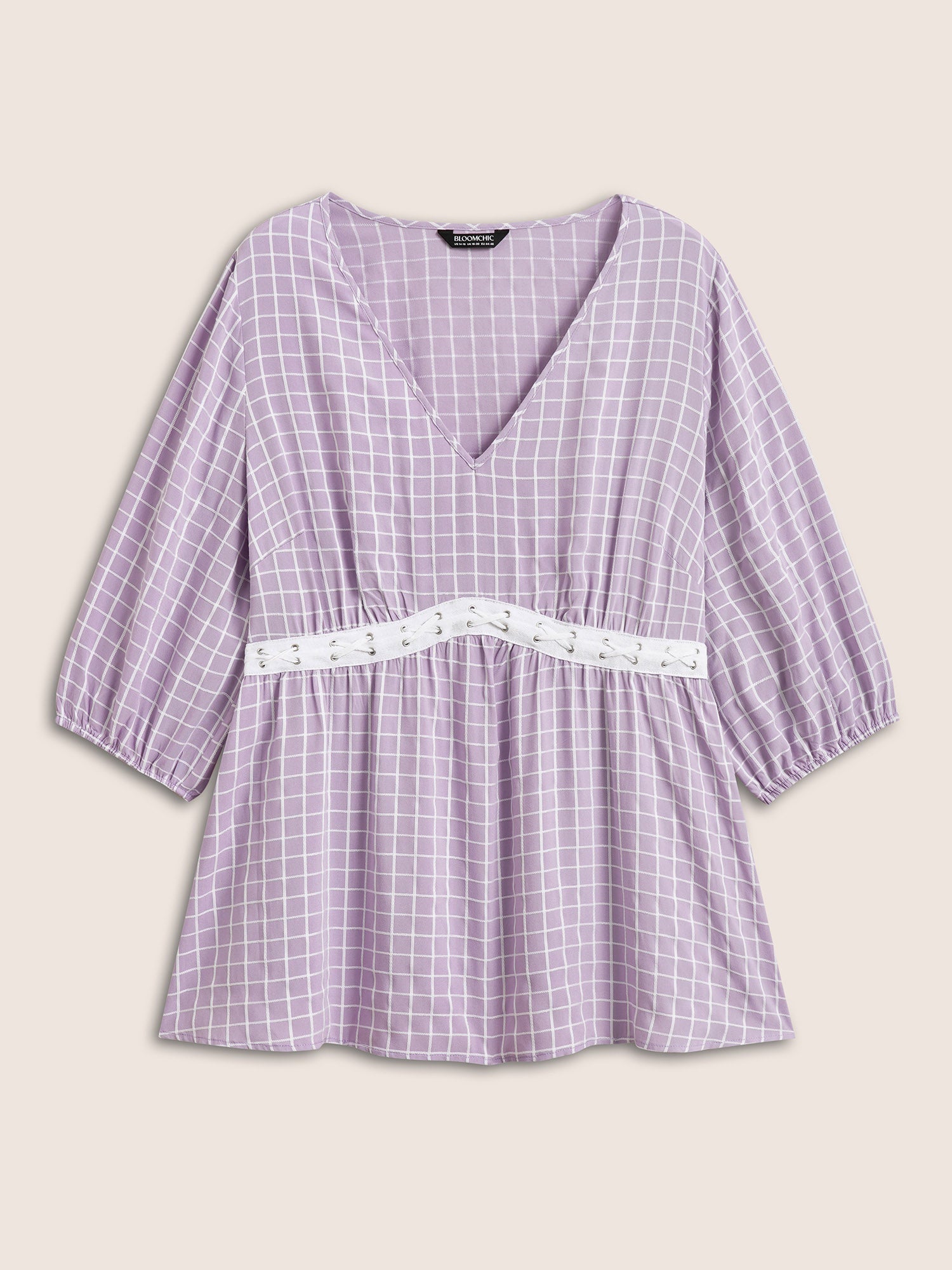 Gingham Patchwork Lantern Sleeve Blouse