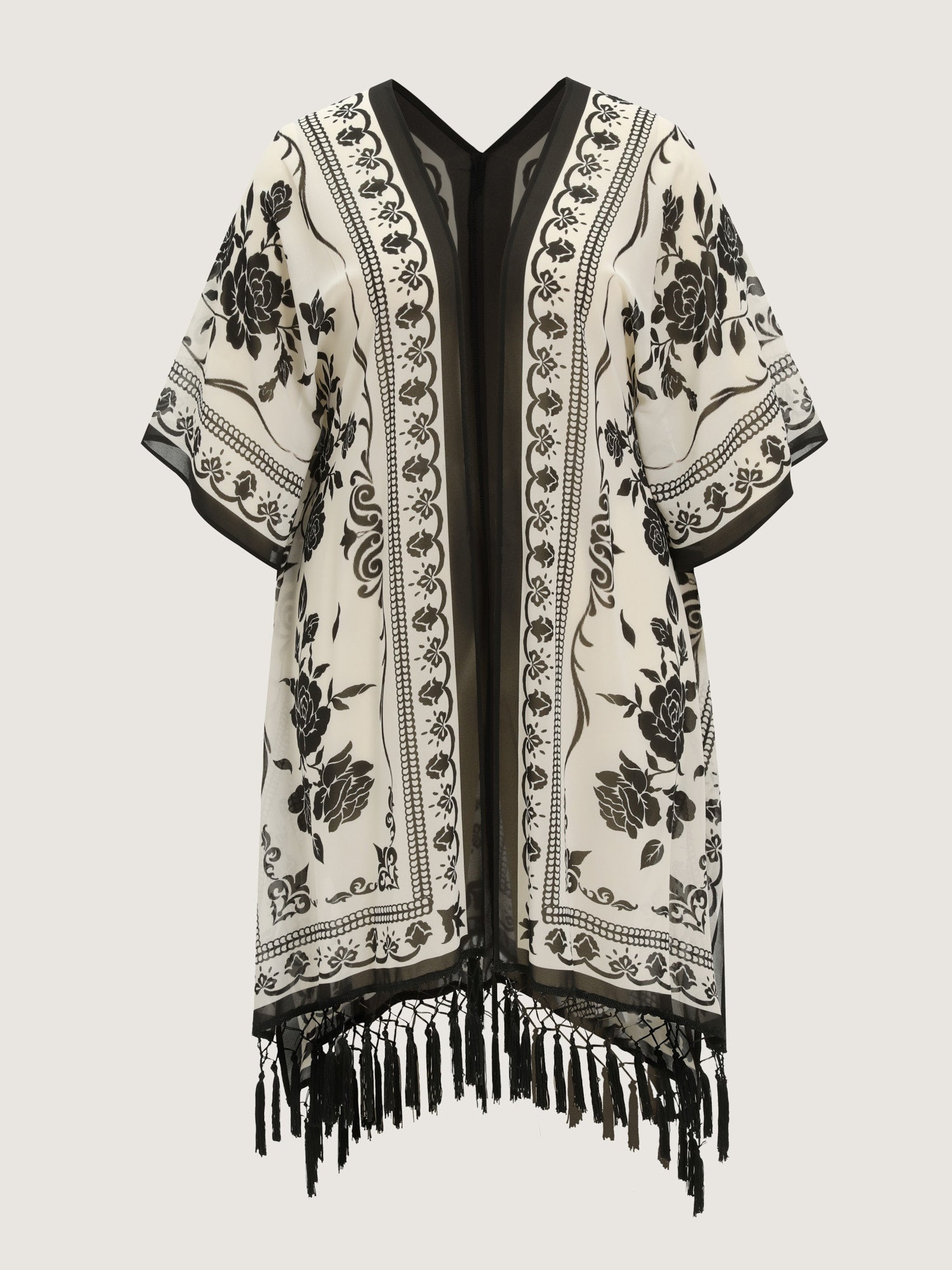 Floral Print Tassel Hem Open-Front Kimono
