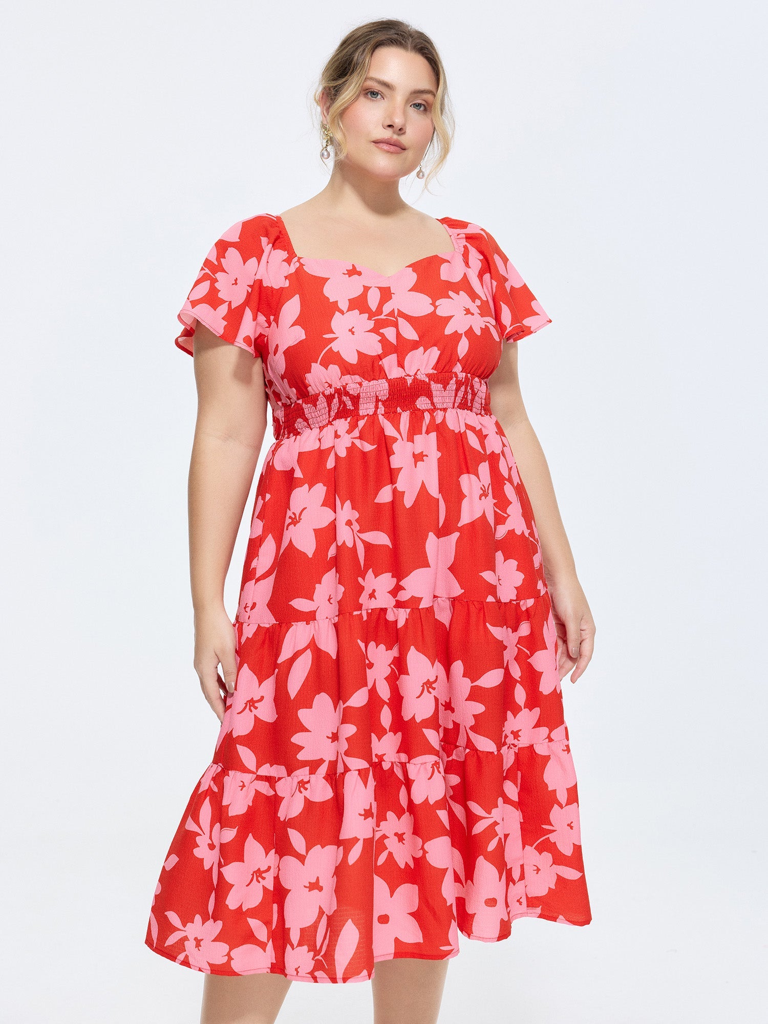 Floral Print Shirred Flared Sleeve Midi Dress