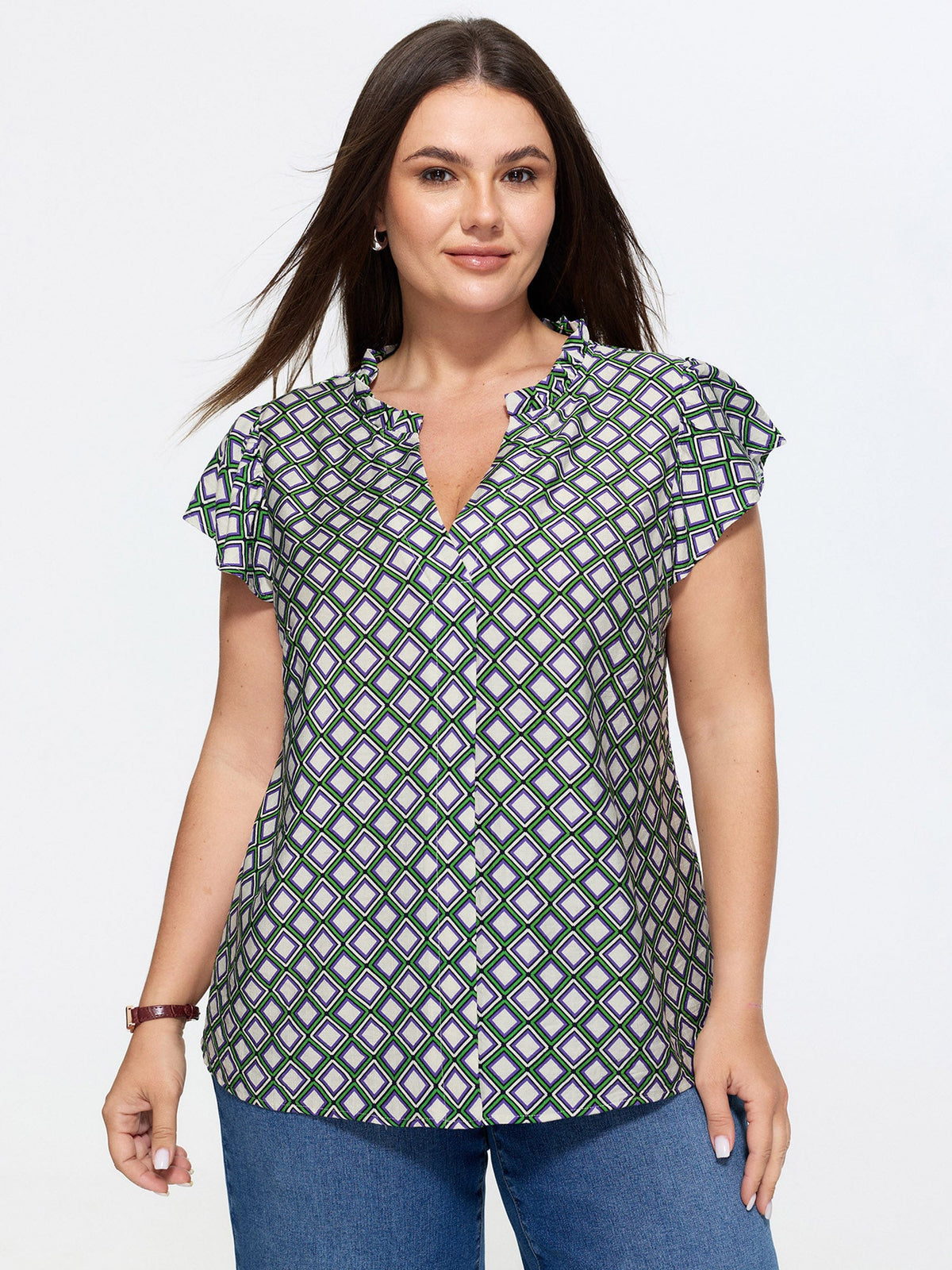 Geo Print Notched Collar Blouse