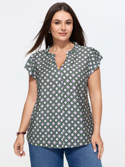Geo Print Notched Collar Blouse