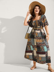 Paisley Floral Collage Shirred Pockets Midi Dress