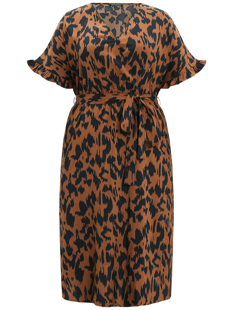 Brush Print Ruffles Wrap Belted Pocket Dress
