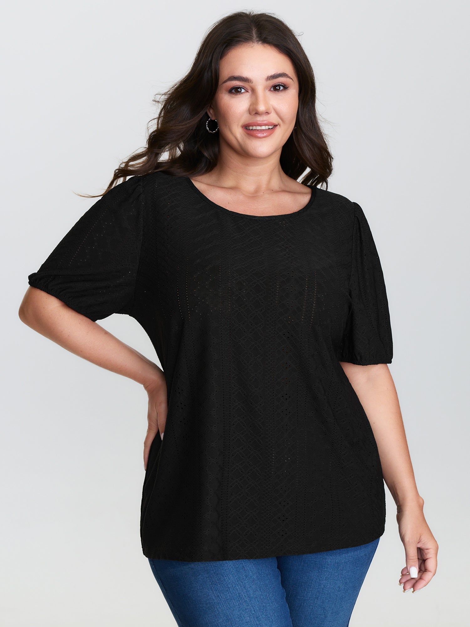 Textured Puffy Sleeve Round Neck T-Shirt