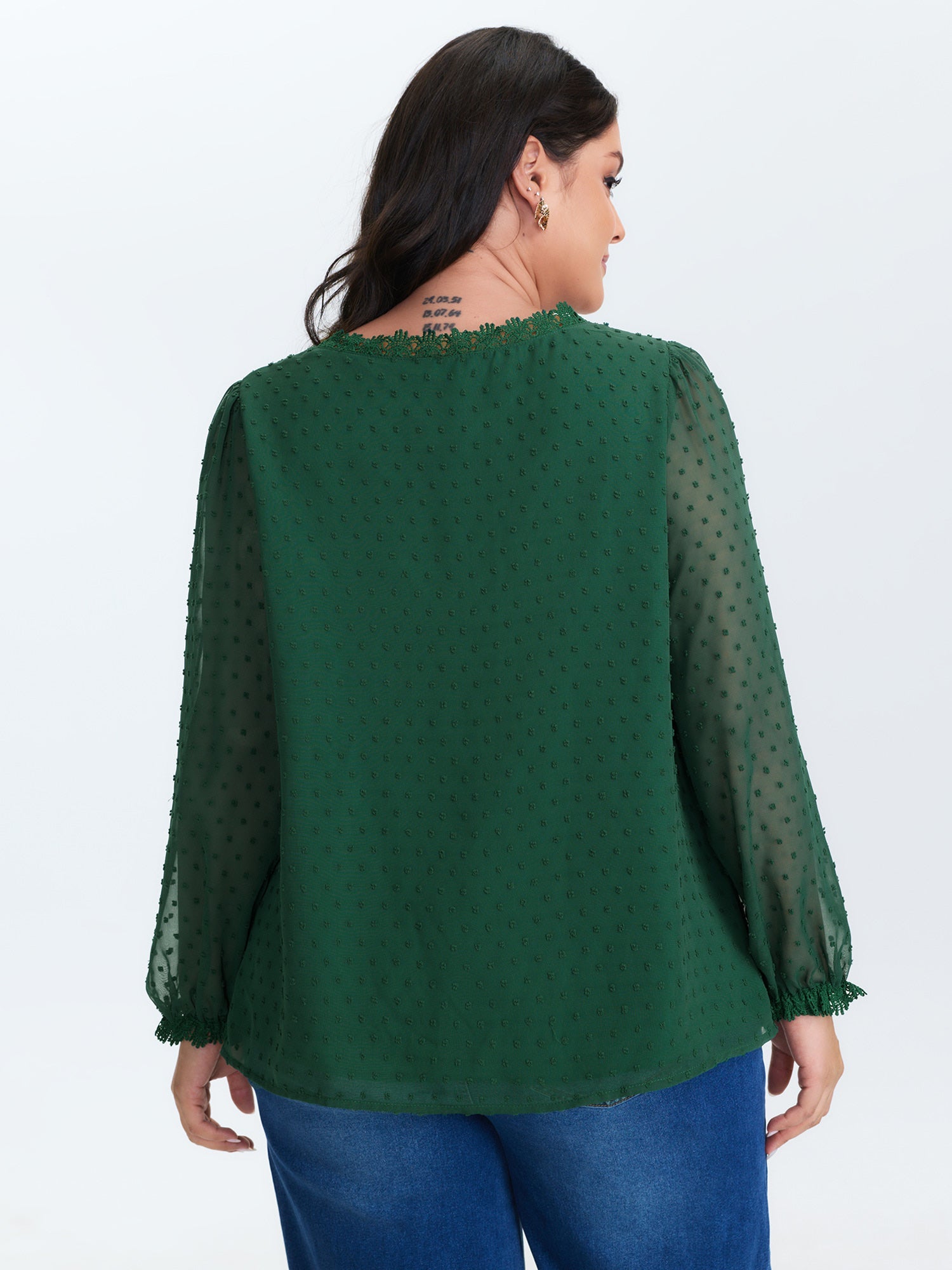 Jacquard Lace Trim V-Neck Blouse