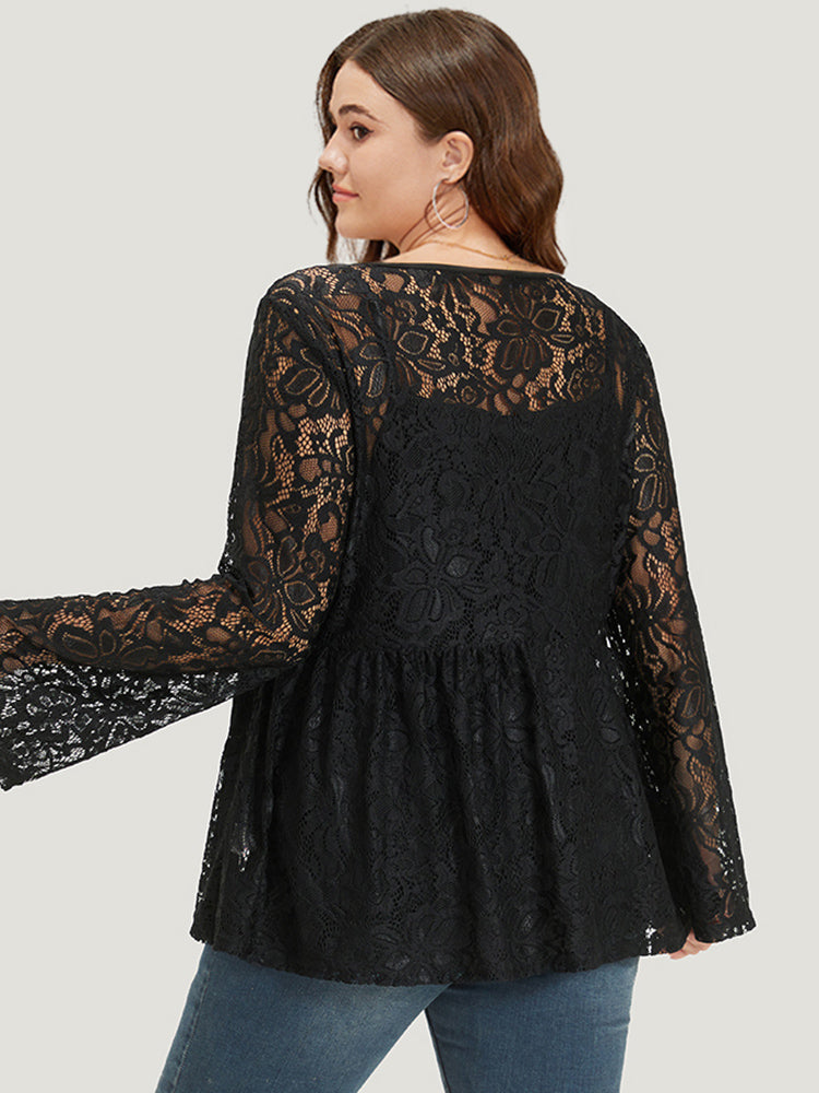 Plain Contrast Lace Mesh Gathered Bell Sleeve T-shirt