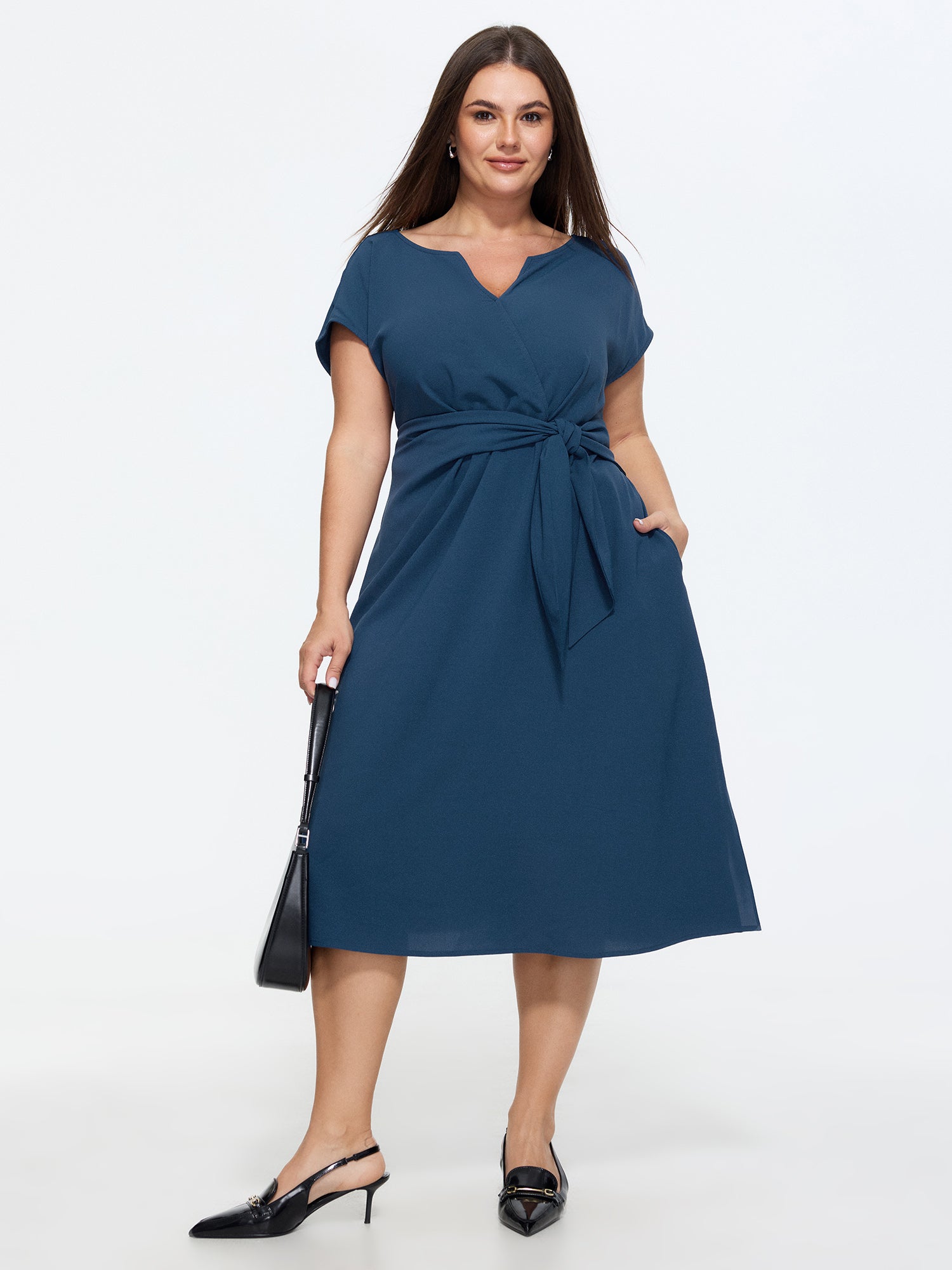 Split Neckline Side Waist-Tie Midi Dress
