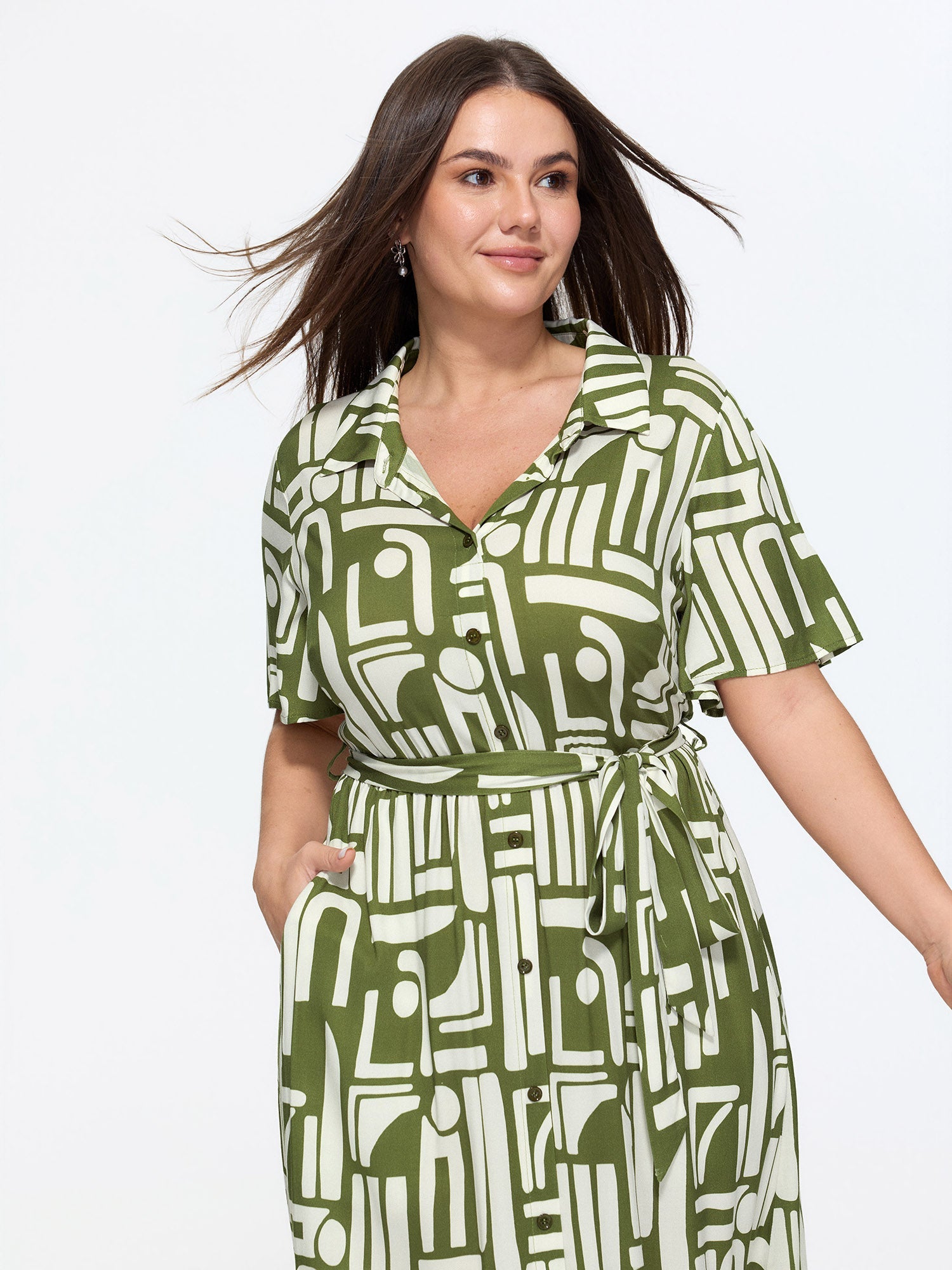 Geometric Print Pockets Collared Midi Dress